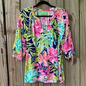 𝅺PAPPAGALLO Floral Blouse Tie 3/4 Sleeves - Size Medium